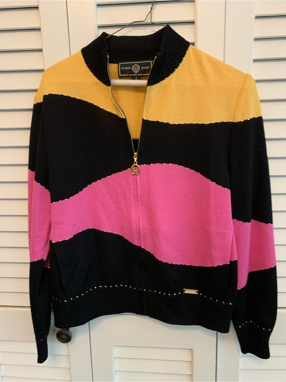 St. John Colorblock Zip Cardigan in Pink, Black & Yellow